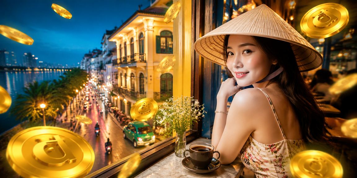 Người dùng Hà Nội duyệt lịch thể thao trên điện thoại bên góc phố cổ với nón lá