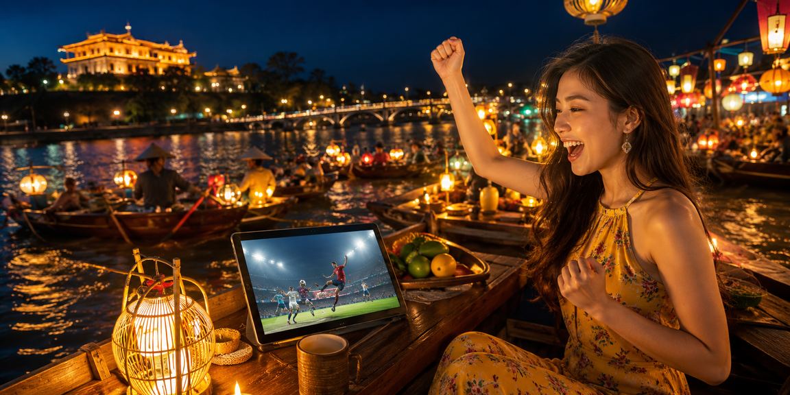 Người dùng tại chợ đêm Huế trải nghiệm cá cược thể thao và casino trực tuyến ban đêm